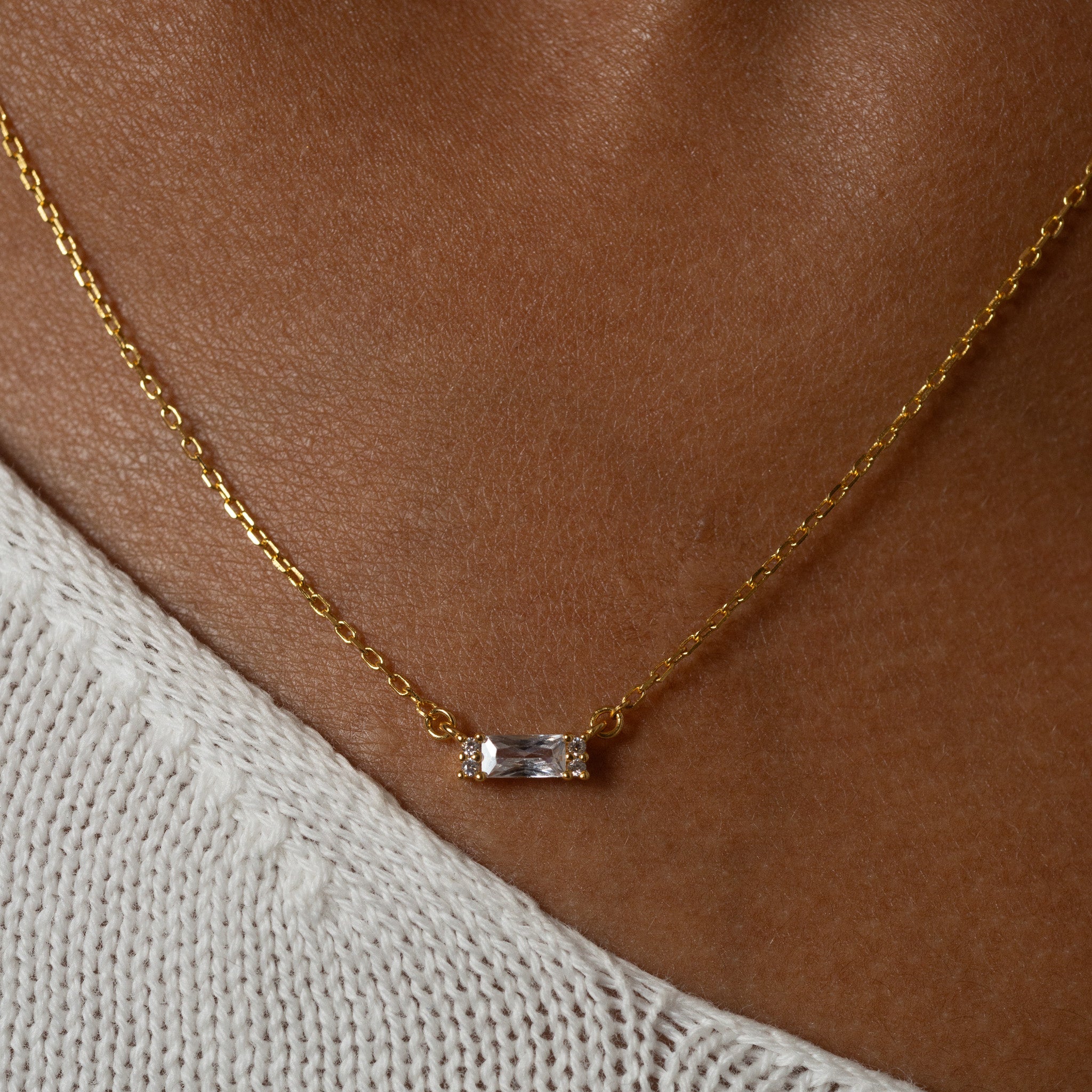 Bar Square Necklace with White Gem