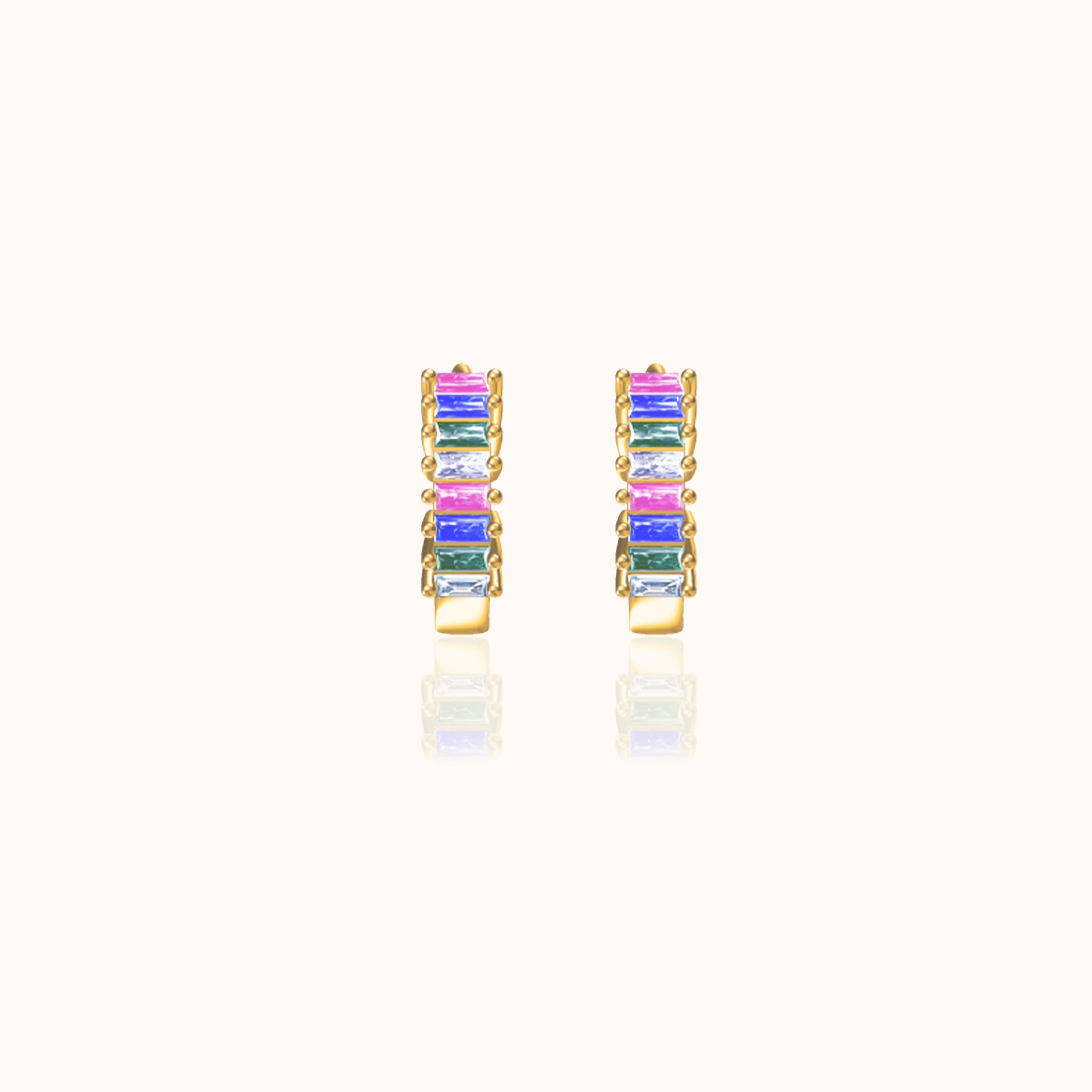 Rainbow Colored Baguette CZ Pave Huggie Hoop Earrings