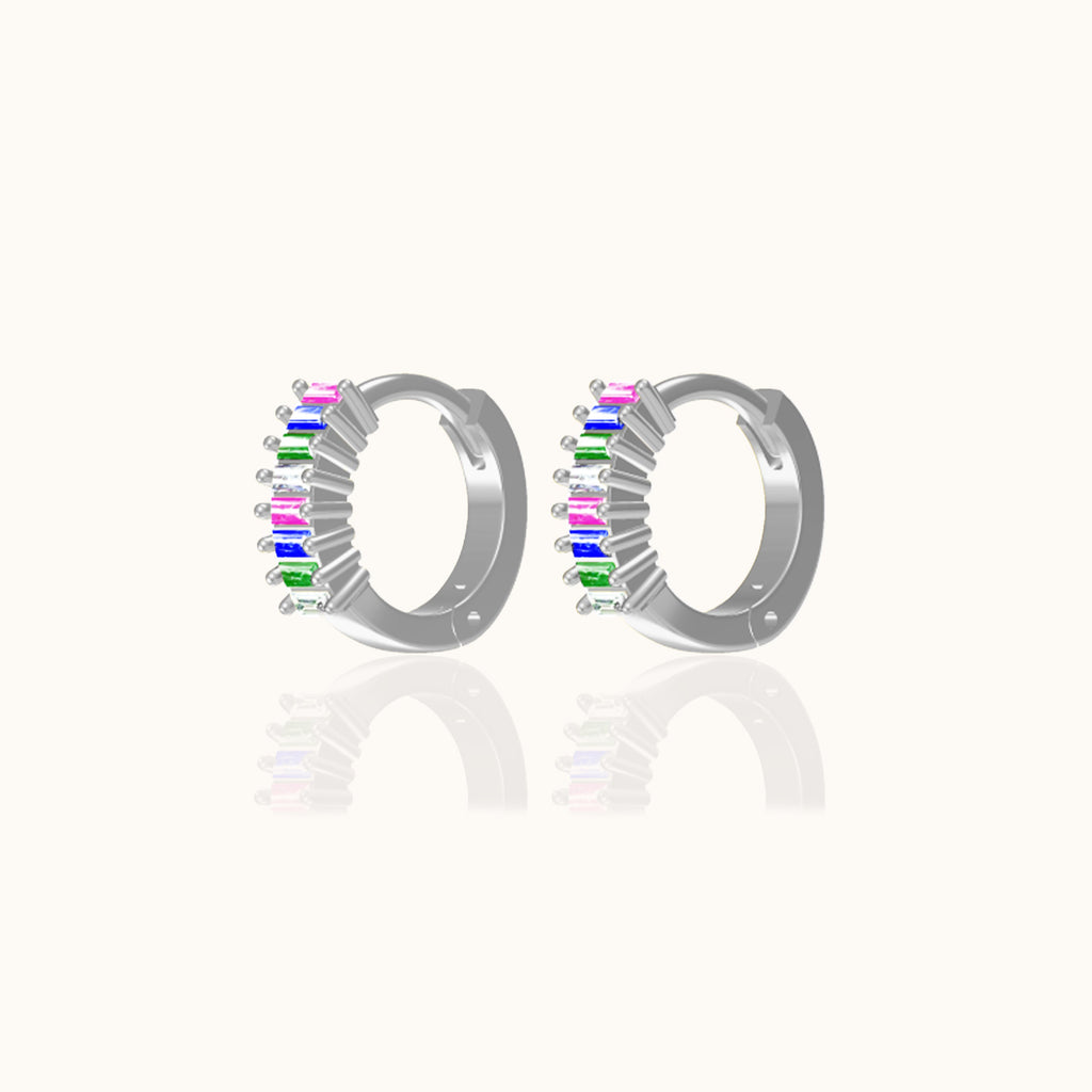 Rainbow Colored Baguette CZ Pave Huggie Hoop Earrings
