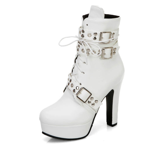Red Yellow White Women Ankle Boots Platform Lace Up High Heel Short