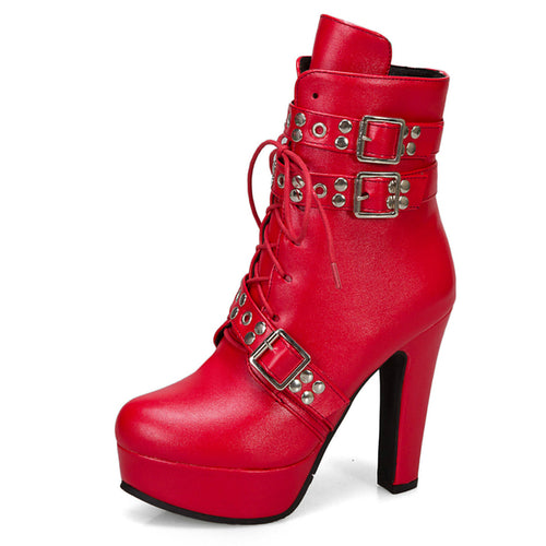 Red Yellow White Women Ankle Boots Platform Lace Up High Heel Short