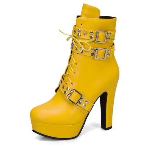 Red Yellow White Women Ankle Boots Platform Lace Up High Heel Short