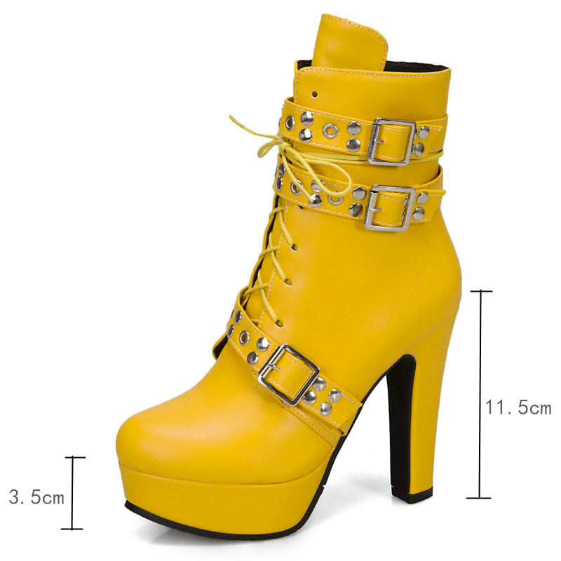 Red Yellow White Women Ankle Boots Platform Lace Up High Heel Short