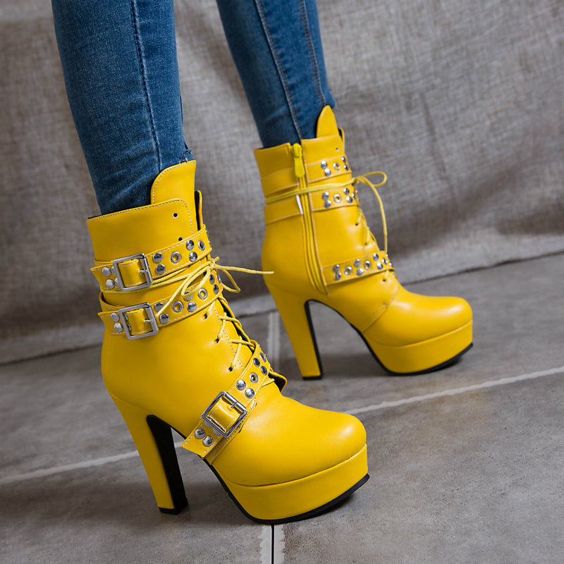 Red Yellow White Women Ankle Boots Platform Lace Up High Heel Short