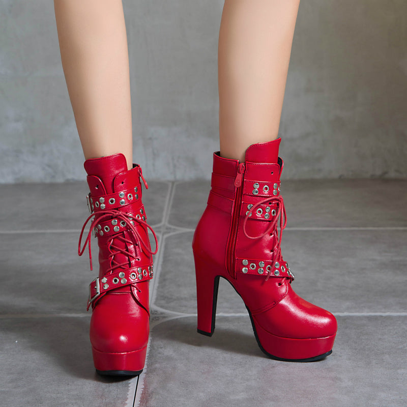 Red Yellow White Women Ankle Boots Platform Lace Up High Heel Short