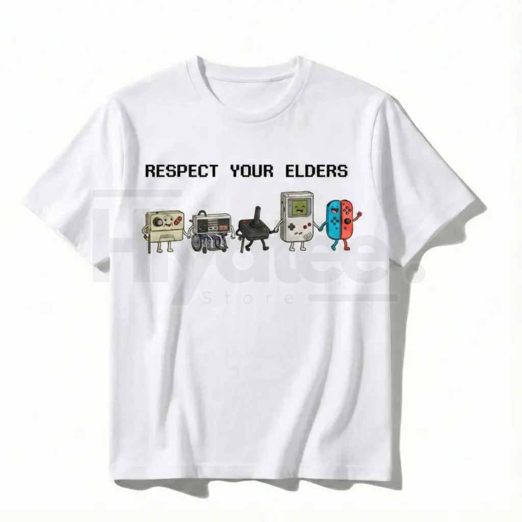 "Respect Your Elders" Retro Gamer Classic T-Shirt – Nostalgic 90s Pixel Art Controller Tee