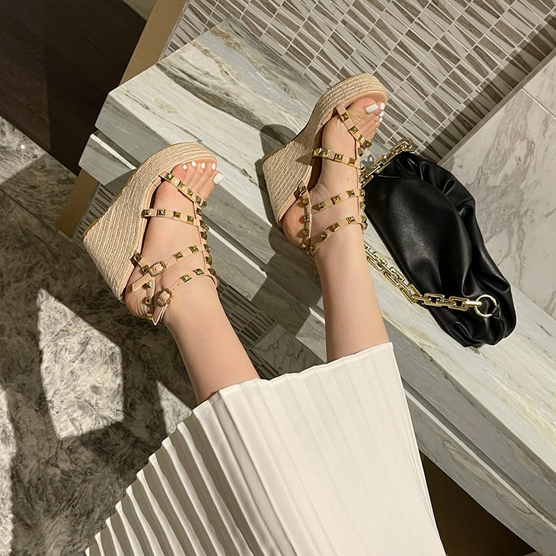 Rivet Wedges Women Sandals Open Toe Ankle Buckle Strap Ladies Platform