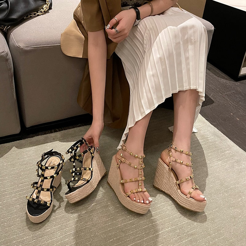 Rivet Wedges Women Sandals Open Toe Ankle Buckle Strap Ladies Platform