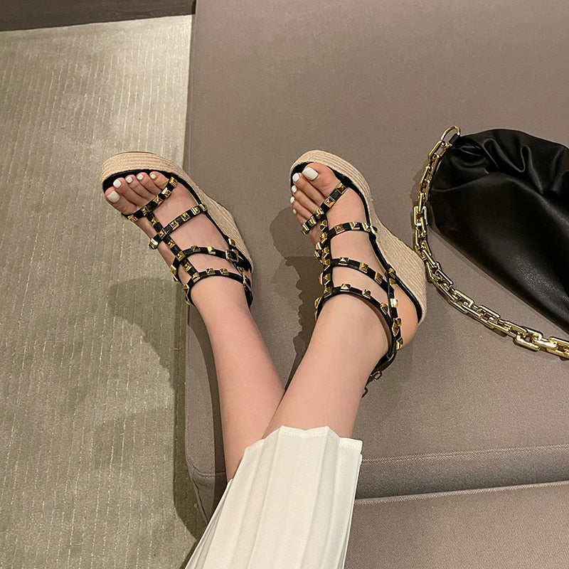 Rivet Wedges Women Sandals Open Toe Ankle Buckle Strap Ladies Platform