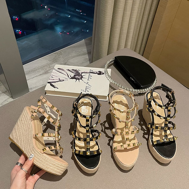 Rivet Wedges Women Sandals Open Toe Ankle Buckle Strap Ladies Platform