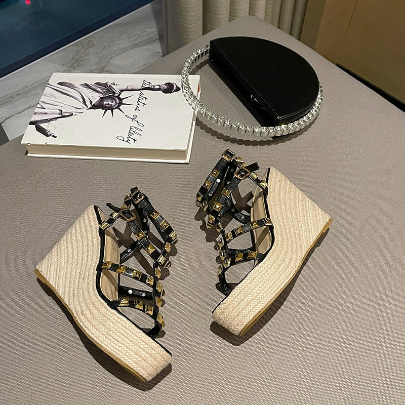 Rivet Wedges Women Sandals Open Toe Ankle Buckle Strap Ladies Platform