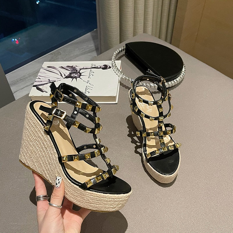Rivet Wedges Women Sandals Open Toe Ankle Buckle Strap Ladies Platform