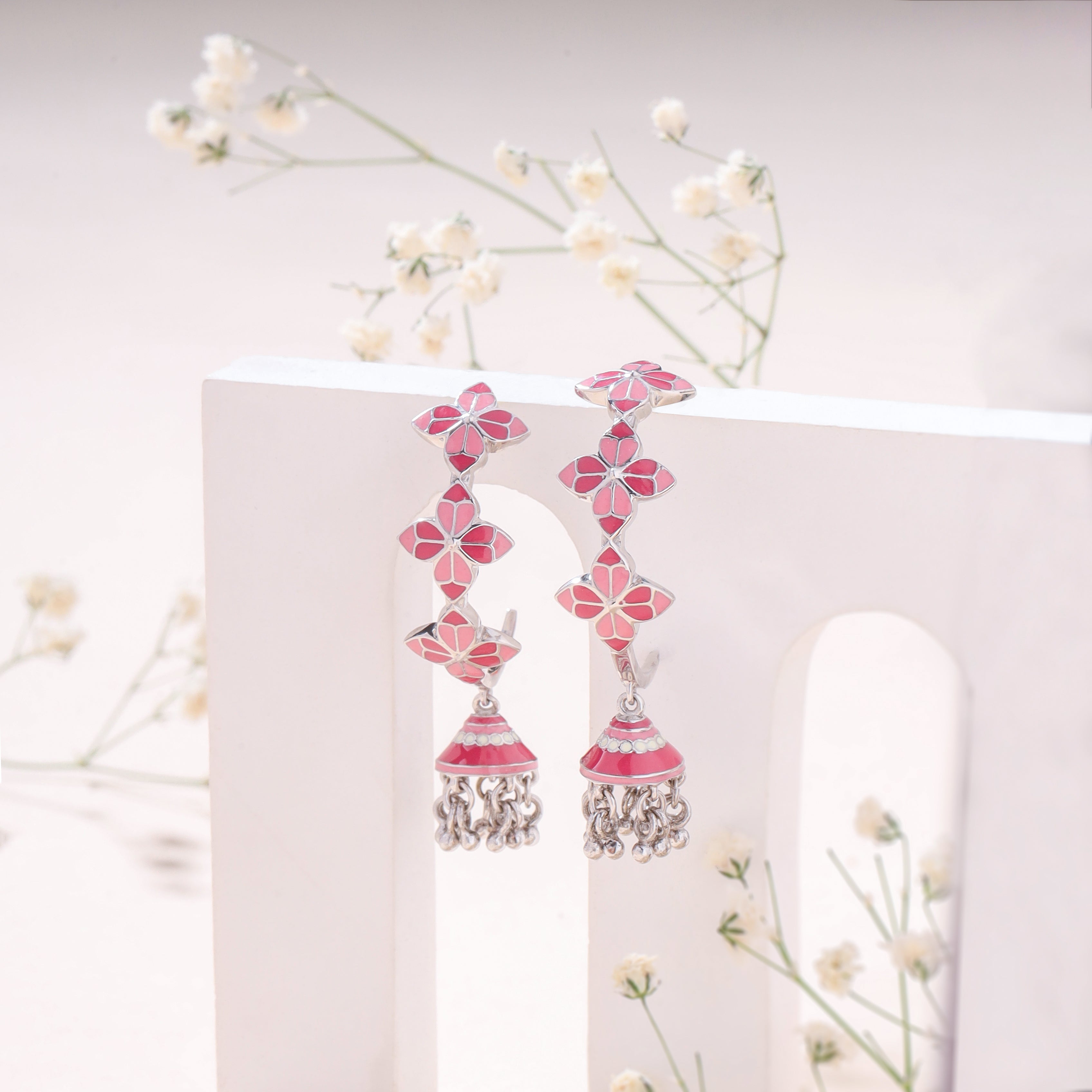 Pink Rosette Hoop Jhumka Earrings