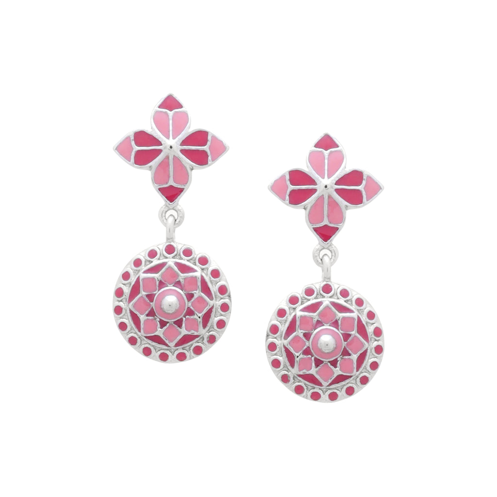 Pink Rosette Circlet Drop Earrings