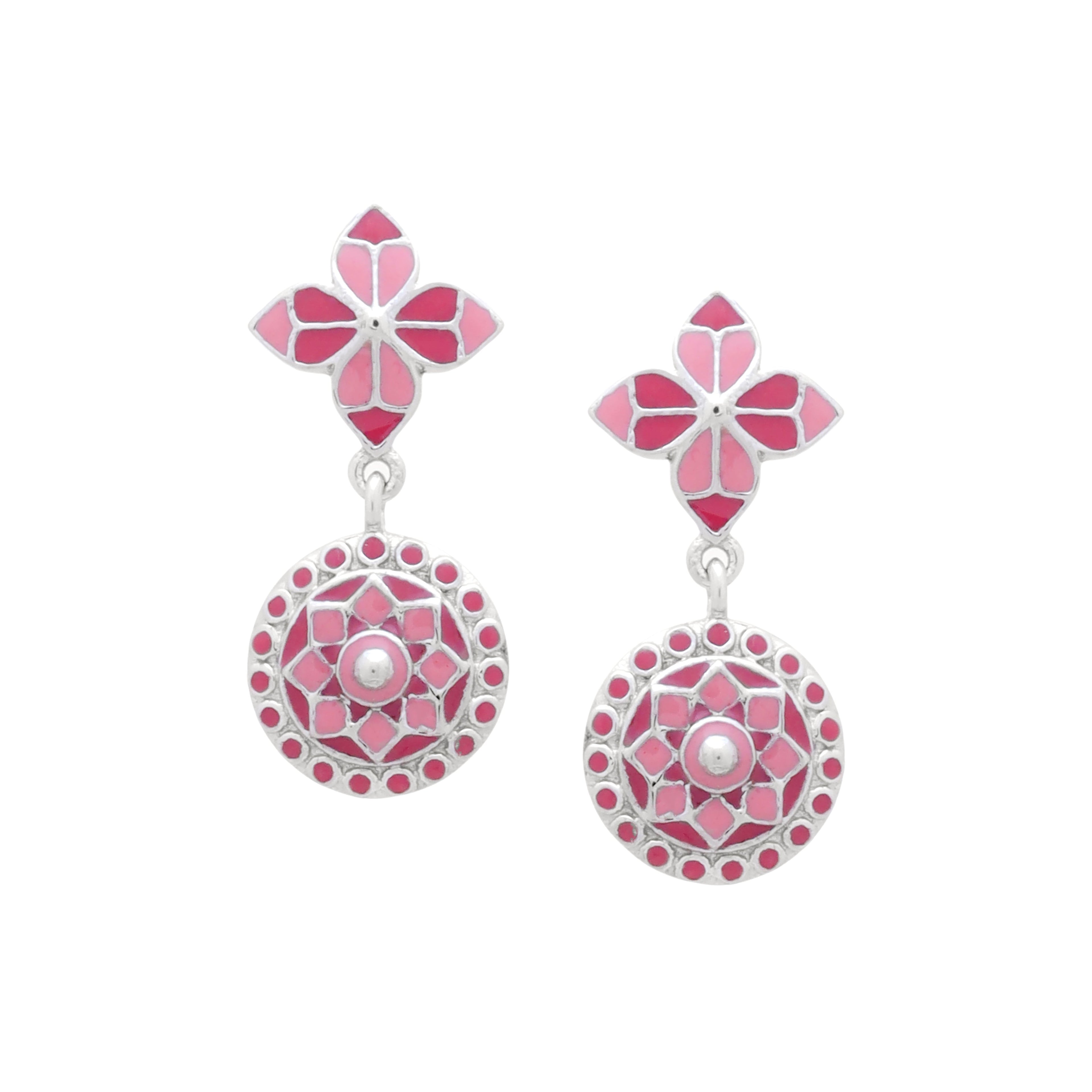 Pink Rosette Circlet Drop Earrings