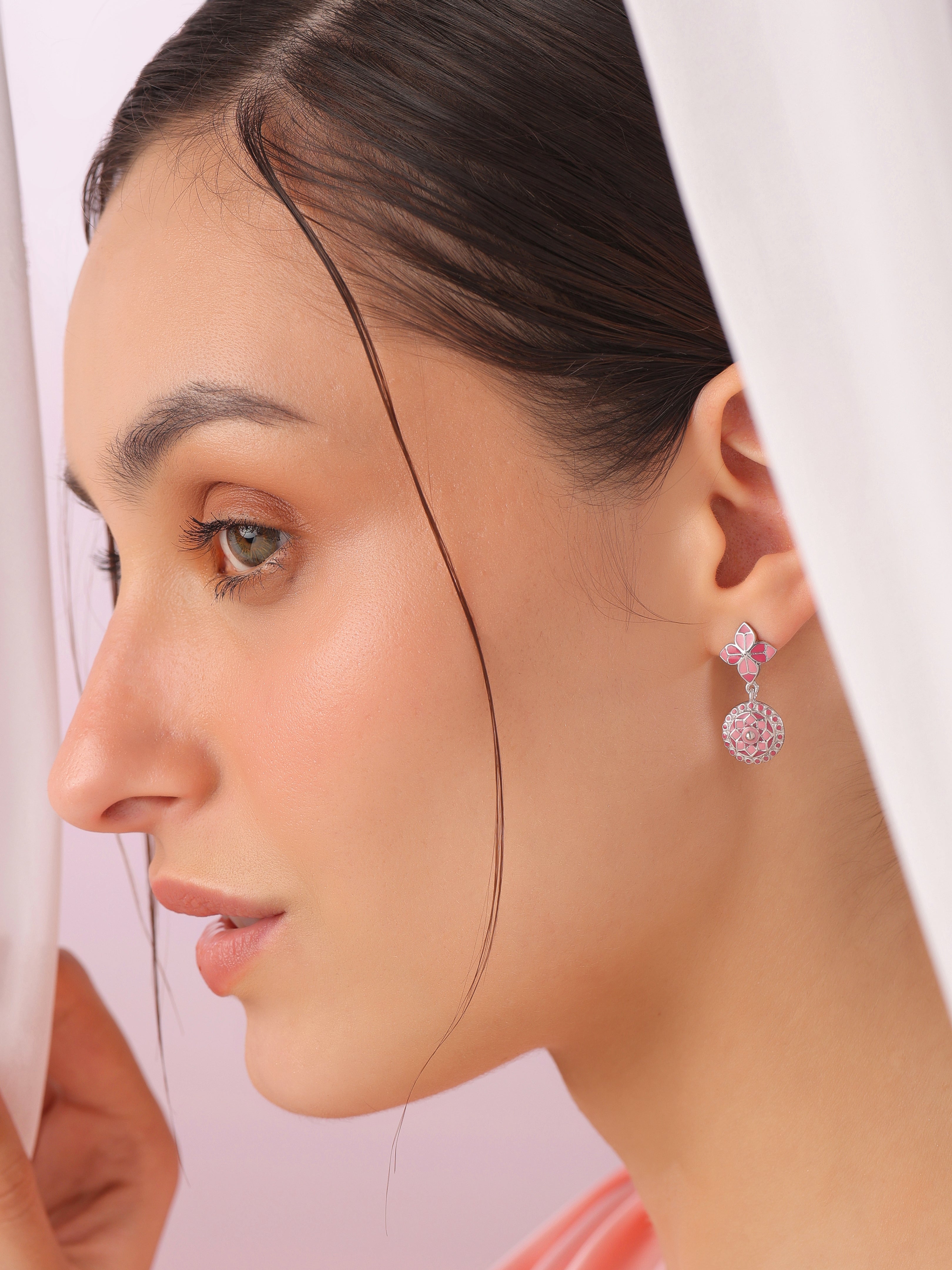 Pink Rosette Circlet Drop Earrings
