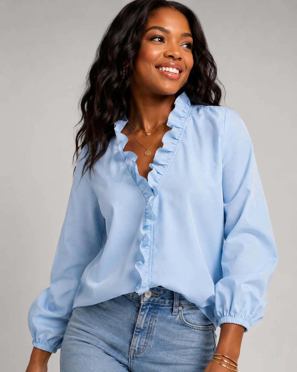 Ruffle V-Neck Long Sleeve Blouse - Casual Lantern Sleeve Loose Fit