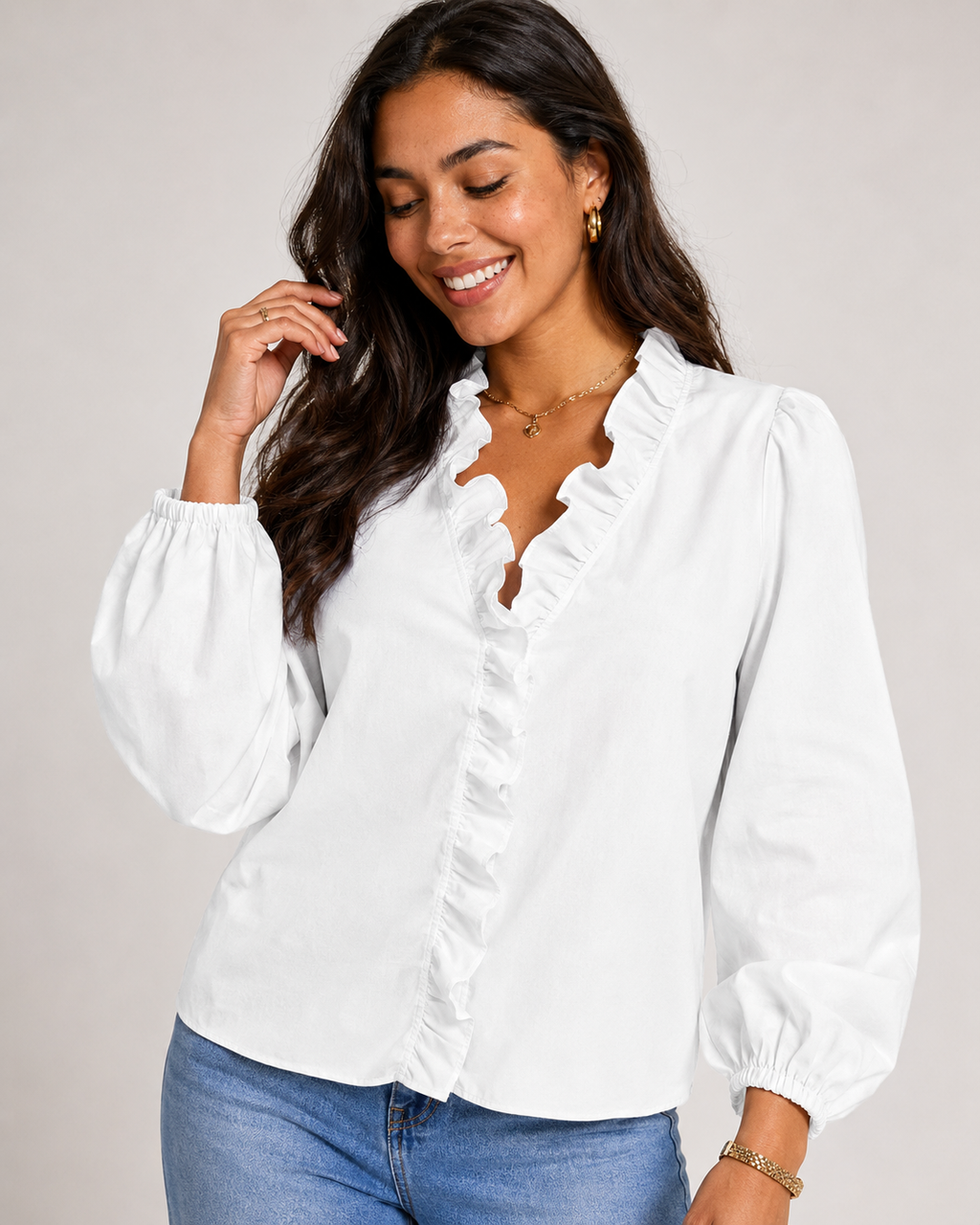 Ruffle V-Neck Long Sleeve Blouse - Casual Lantern Sleeve Loose Fit