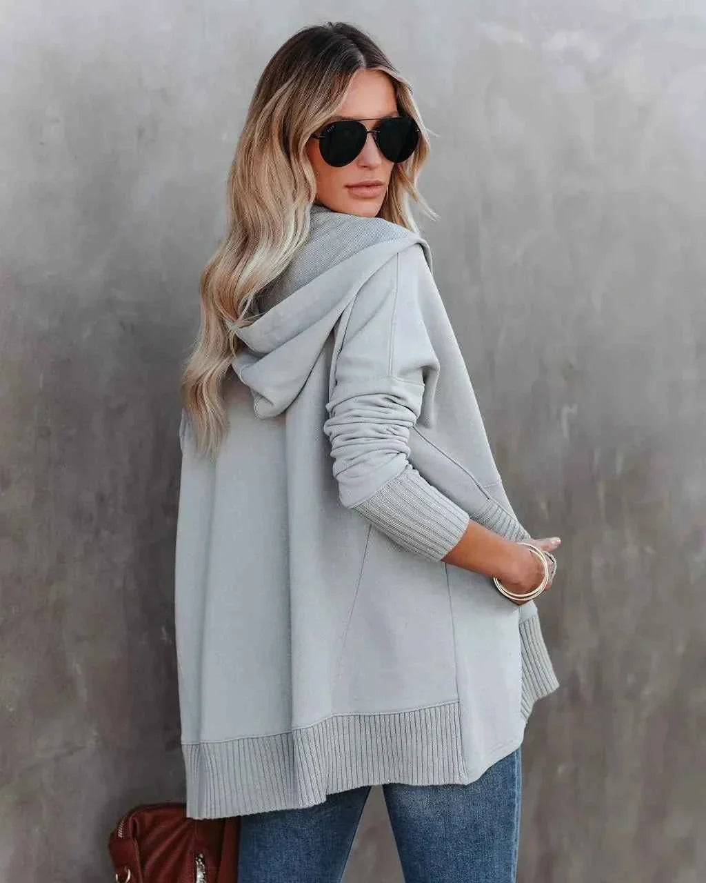 White Hooded Women's Sweatshirt - Casual Batwing Sleeve Pullover