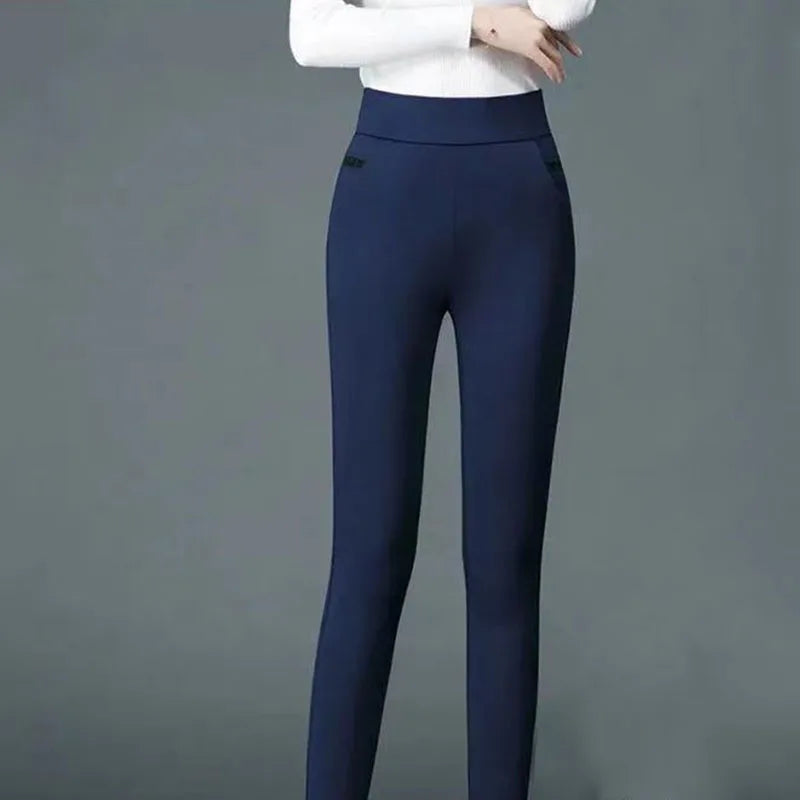 Women Slim Pencil Pants Spring Autumn High Waist Elastic Pockets Solid Elegant