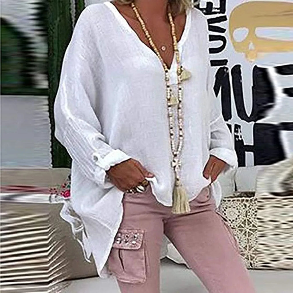 Plus Size V-Neck Blouse - Casual Short Sleeve Summer Top