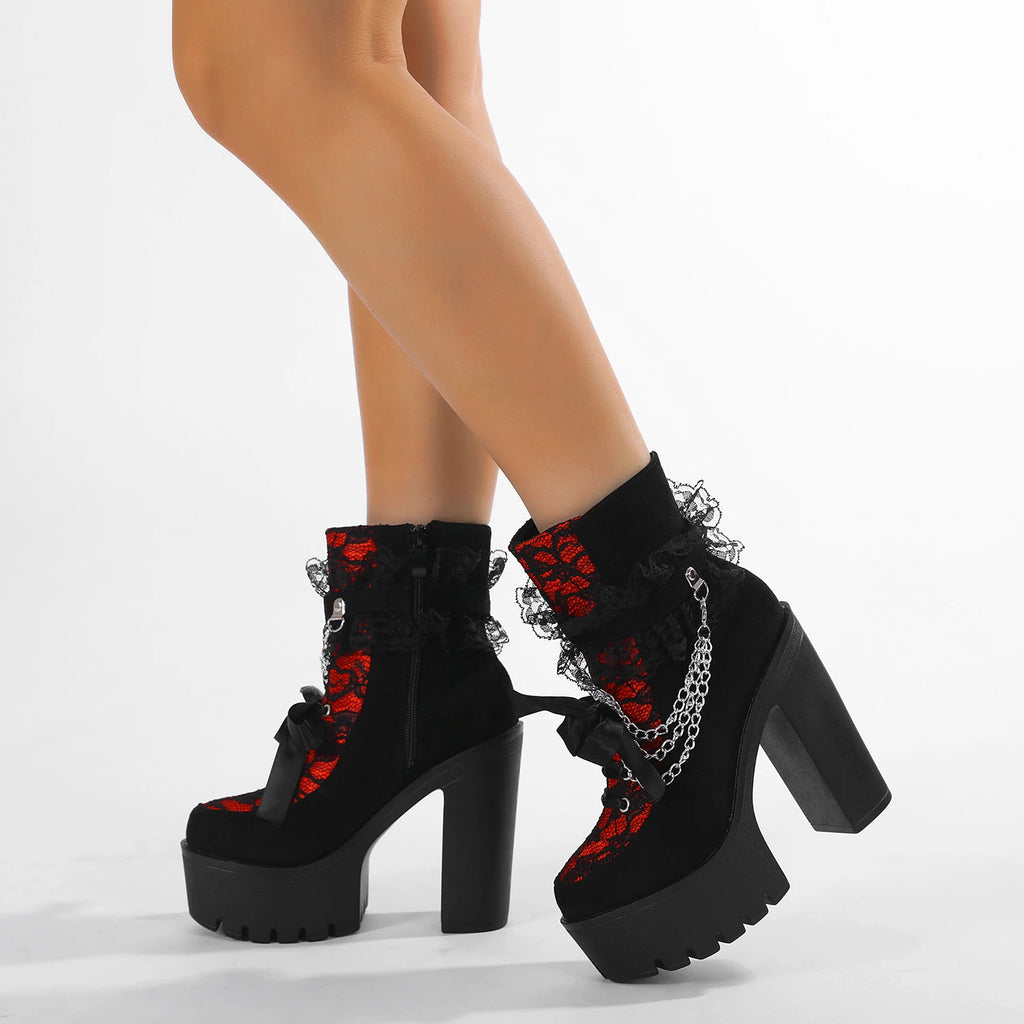 Gdgydh Vintage Gothic Lace Ankle Boots for Women Chunky Heel Side