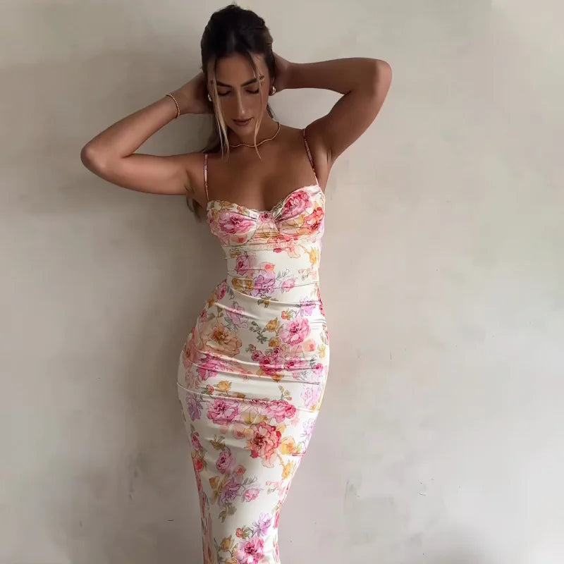 Summer Floral Suspender Split Slim Sleeveless Party Beach Style Spaghetti Strap Dress