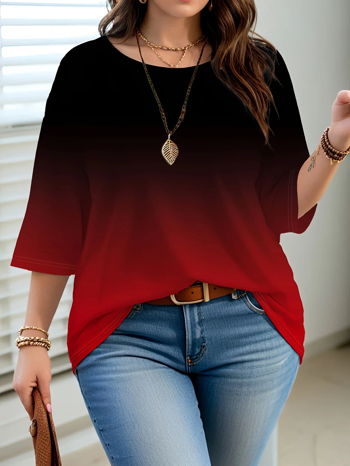 Plus Size Women's Gradient Color T-Shirt - Loose, Elegant, Casual,