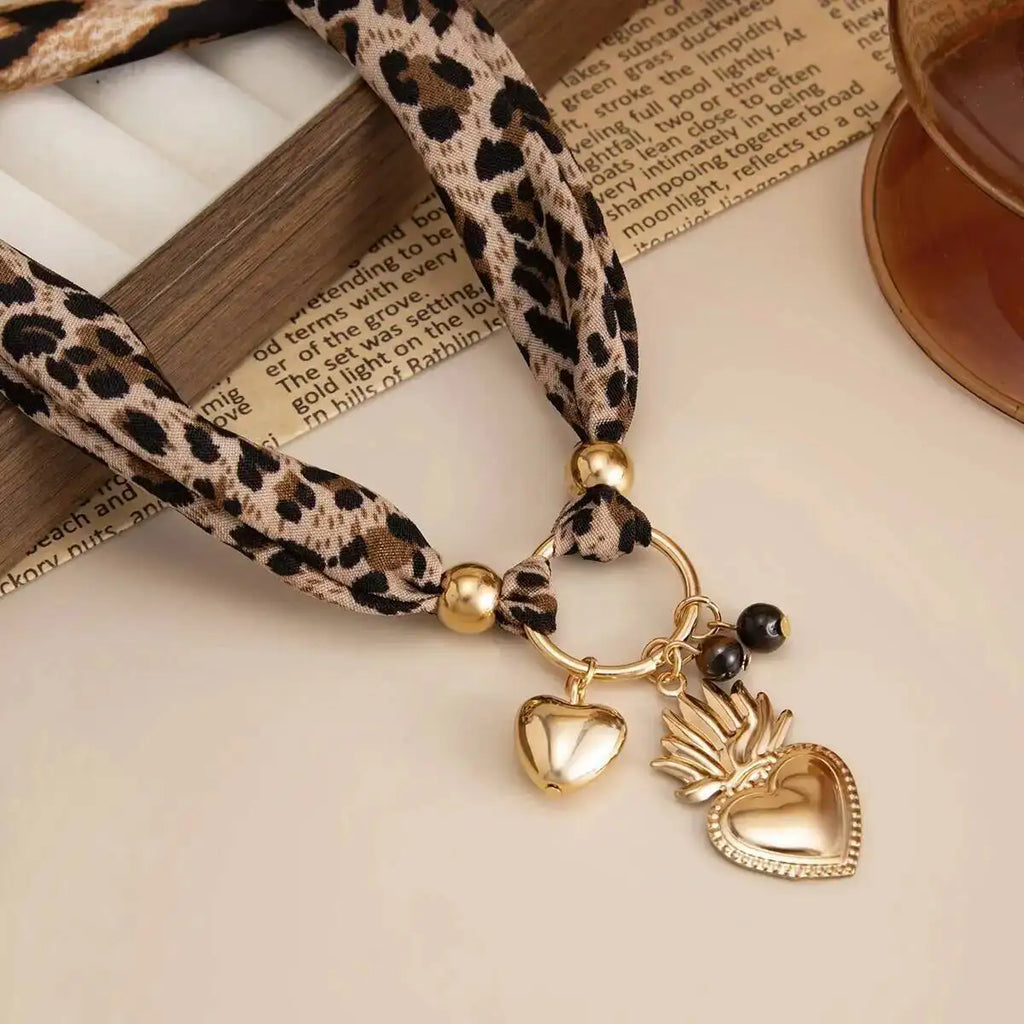 Leopard Print Choker Necklace - Heart Pendant
