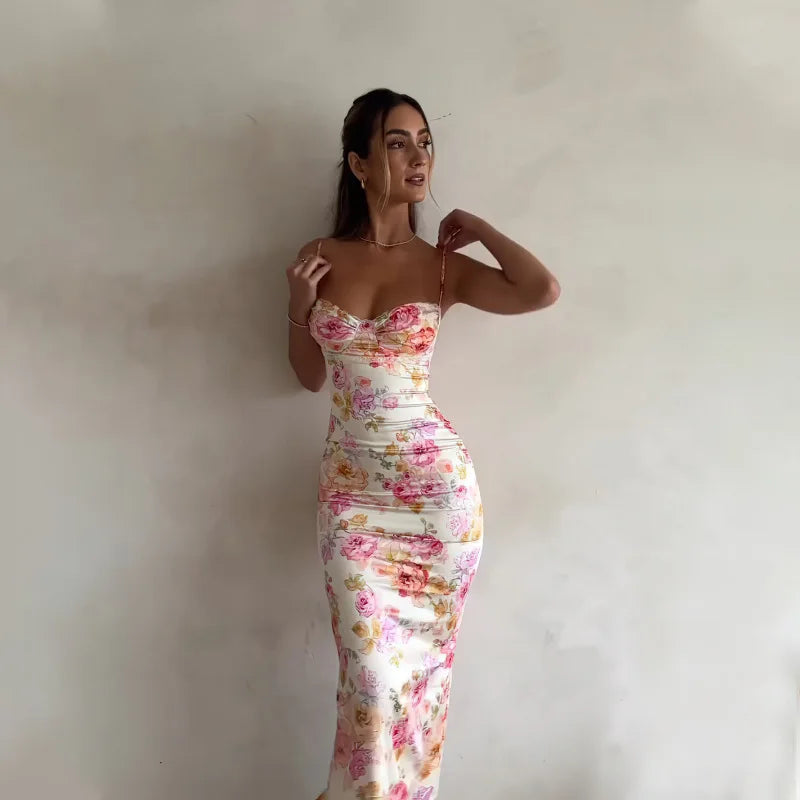 Summer Floral Suspender Split Slim Sleeveless Party Beach Style Spaghetti Strap Dress