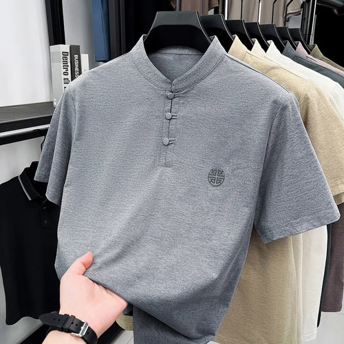 Mens Big And Tall Stand Collar Henley Shirt Short Sleeve Loose Fit