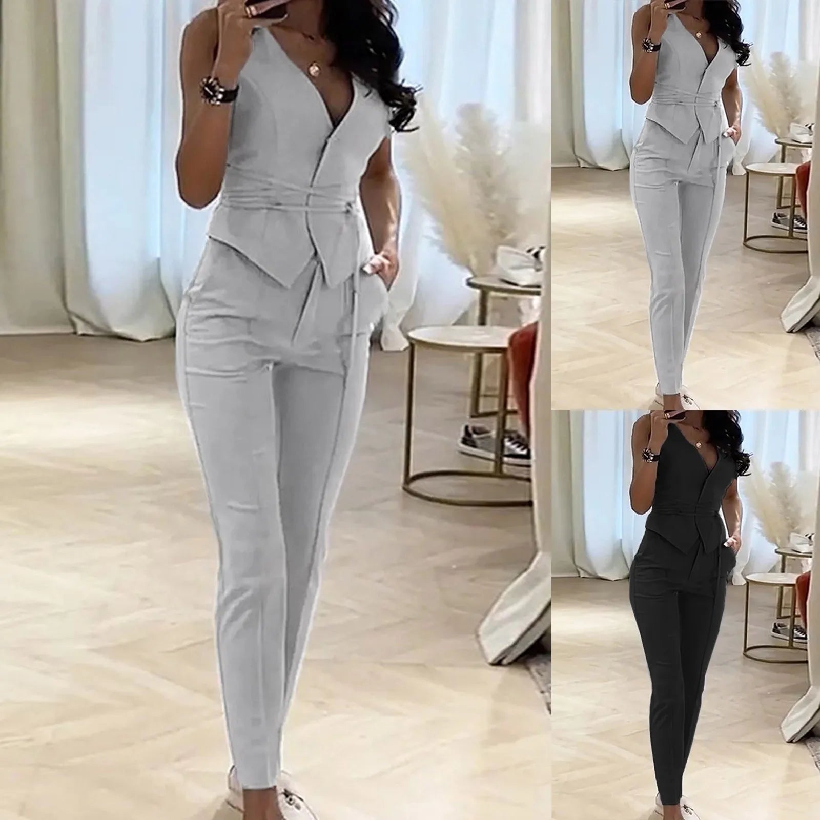 2-Piece Pantsuit Set - V-Neck Top and Trousers