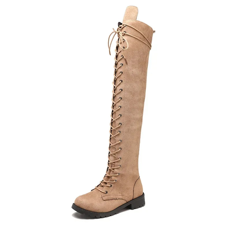 Sexy Lace Up Over The Knee Boots Women 2024 Autumn Winter Flat Heels