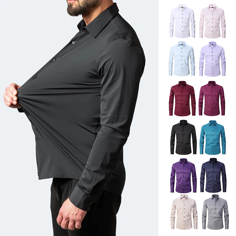 Plus Size 7XL 6XL High Elasticity Seamless Spandex Shirt Men Long