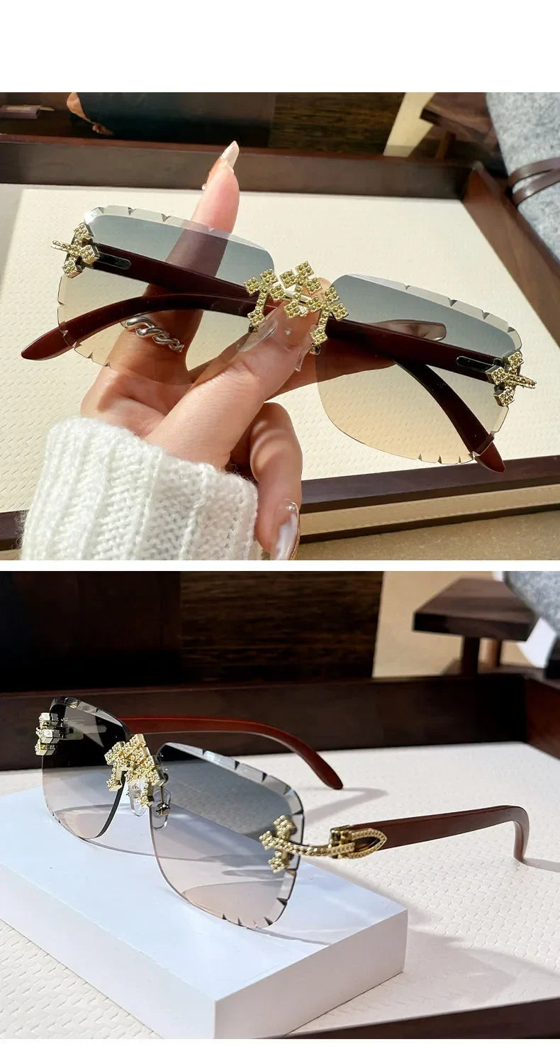 Vintage Rimless Square Cutting Lens Women Men Luxury Brand Designer Sunglasses Popular Punk Diamond Cross Sun Glasses UV400