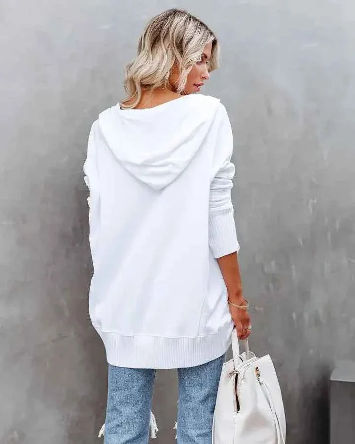 White Hooded Women's Sweatshirt - Casual Batwing Sleeve Pullover