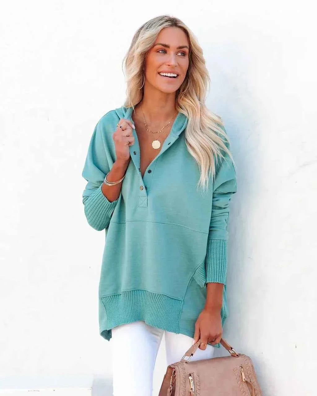 White Hooded Women's Sweatshirt - Casual Batwing Sleeve Pullover