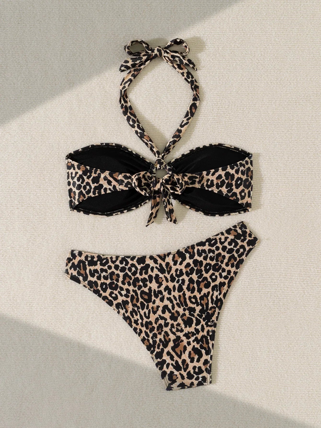 Leopard Print High-Waisted Bikini Set - Hollow Out