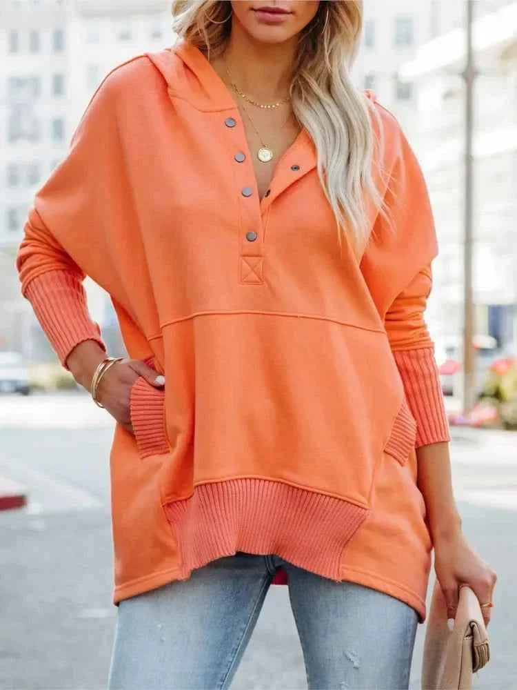 White Hooded Women's Sweatshirt - Casual Batwing Sleeve Pullover