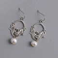 Bohemian Pearl Drop Earrings - Silver Plant Pattern