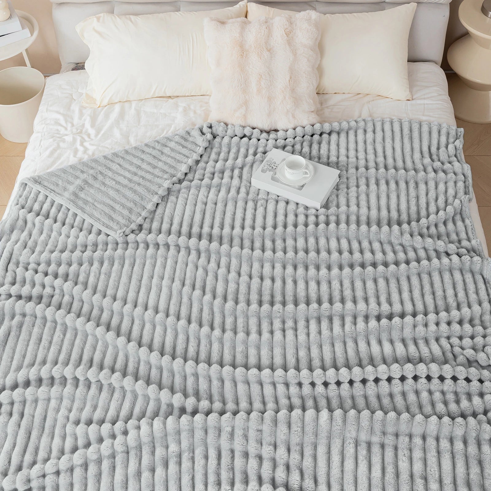 1pc solid color thick wide stripe multifunctional blanket, can be used as bed sheet covering blanket, nap blanket, pet blanket