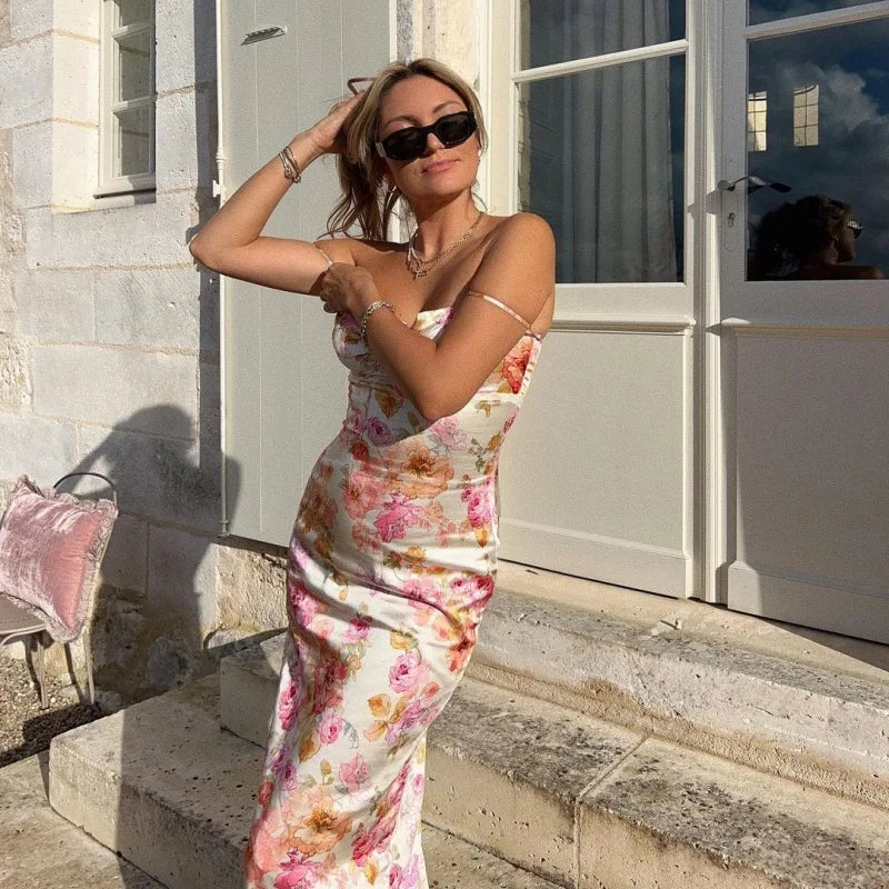 Summer Floral Suspender Split Slim Sleeveless Party Beach Style Spaghetti Strap Dress