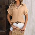 Cotton Linen Shirt - Rolled Short Sleeve Button-Up Blouse