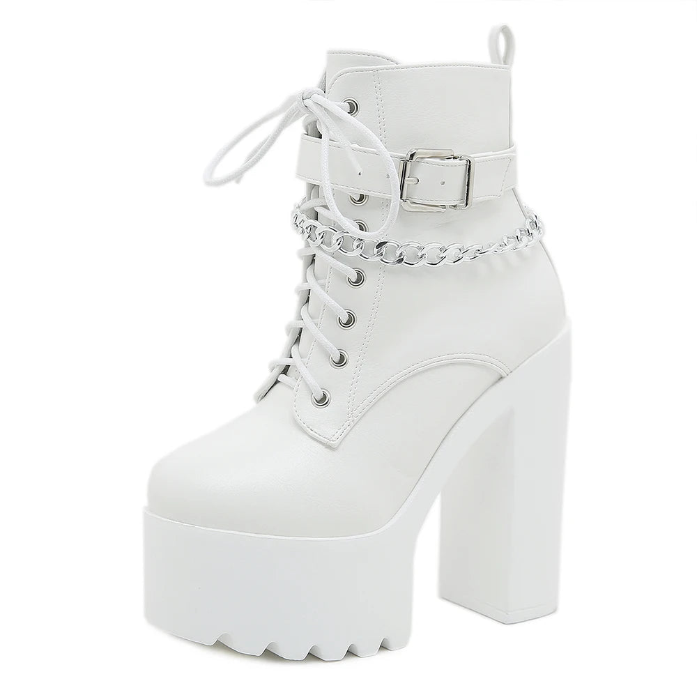 Gdgydh Women's Chain Decor Block Heeled Boots Fashion Lace Up Side