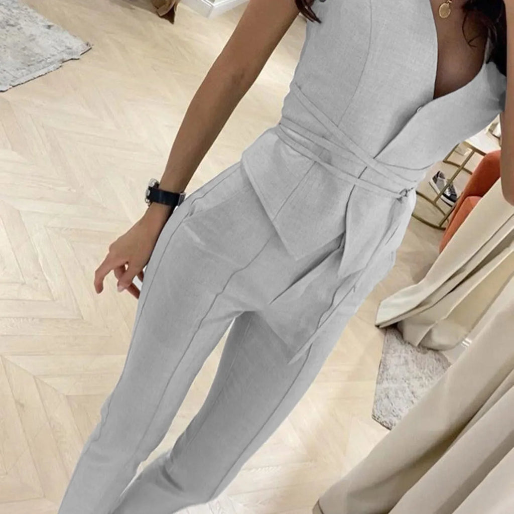 2-Piece Pantsuit Set - V-Neck Top and Trousers