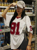 Summer New Retro No.91 Printed T-Shirt For Women V-Neck Short Sleeve Sports Football Jersey Y2K Loose Oversized Tops