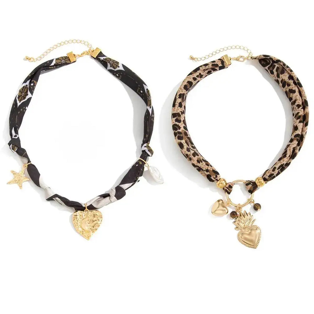 Leopard Print Choker Necklace - Heart Pendant