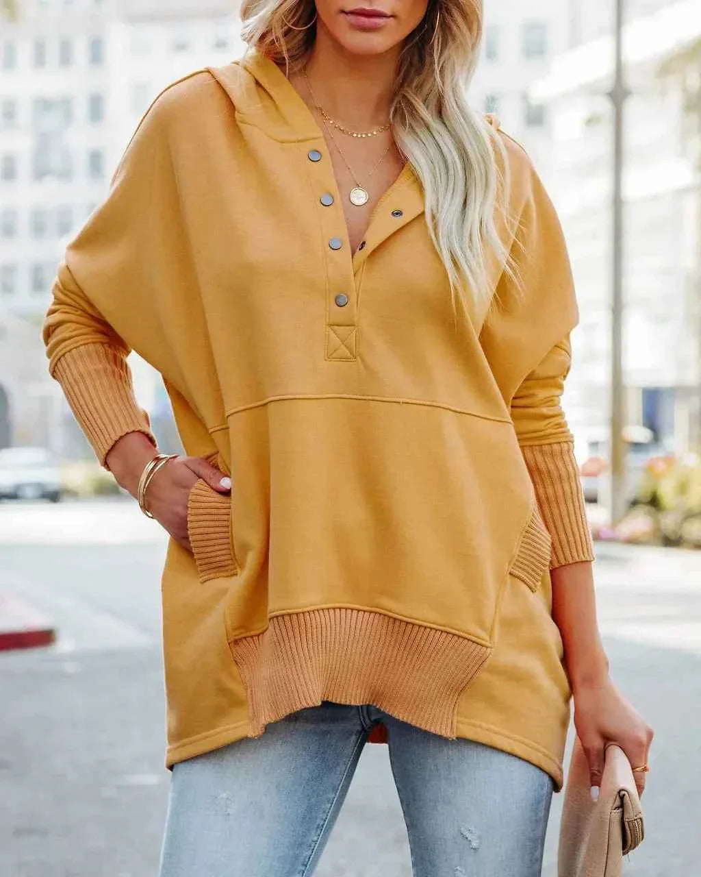 White Hooded Women's Sweatshirt - Casual Batwing Sleeve Pullover