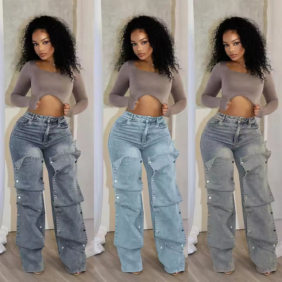 Studded Panel Wide Leg Jeans