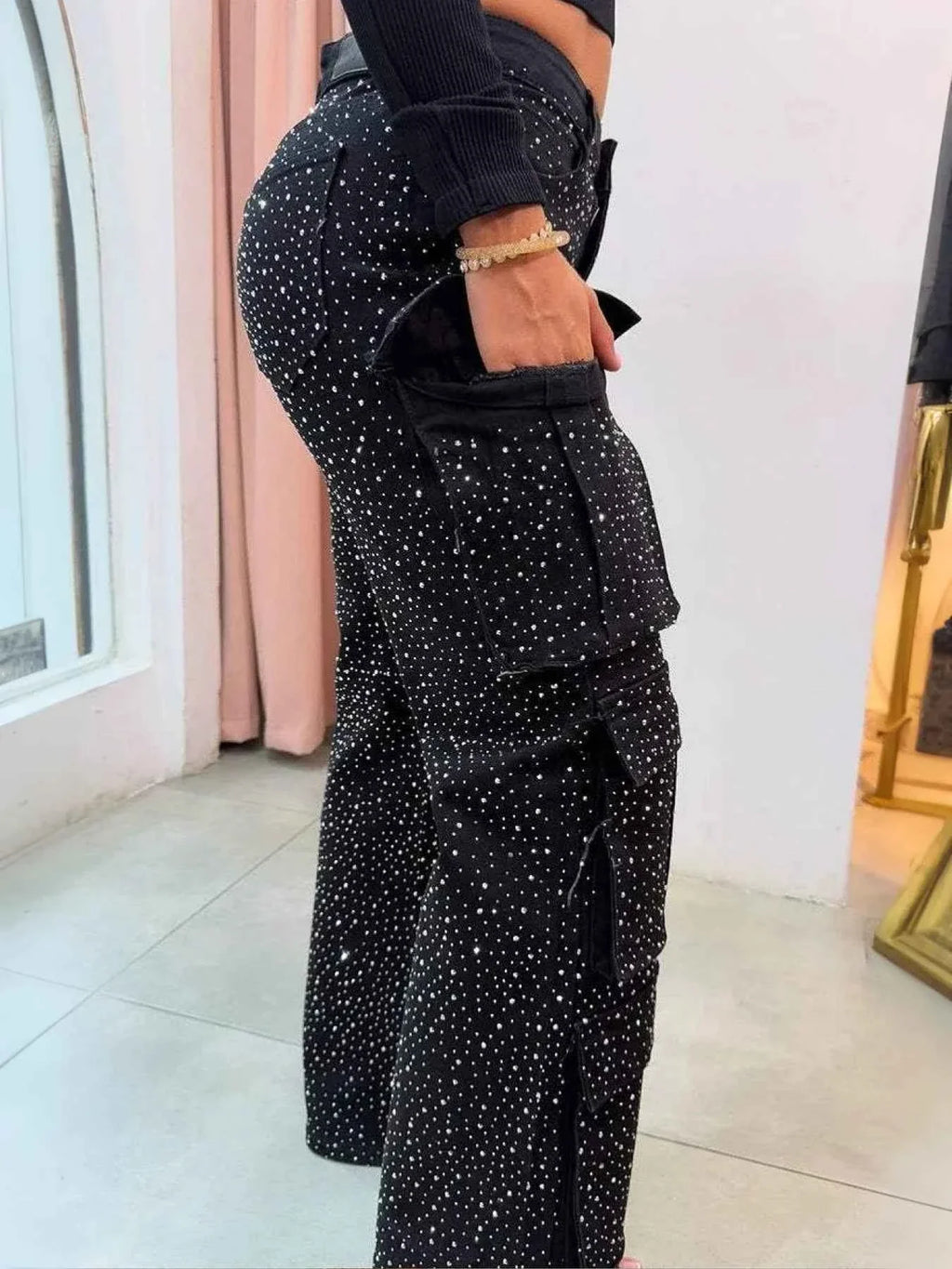 High Waist Rhinestone Jeans - Black Straight Leg